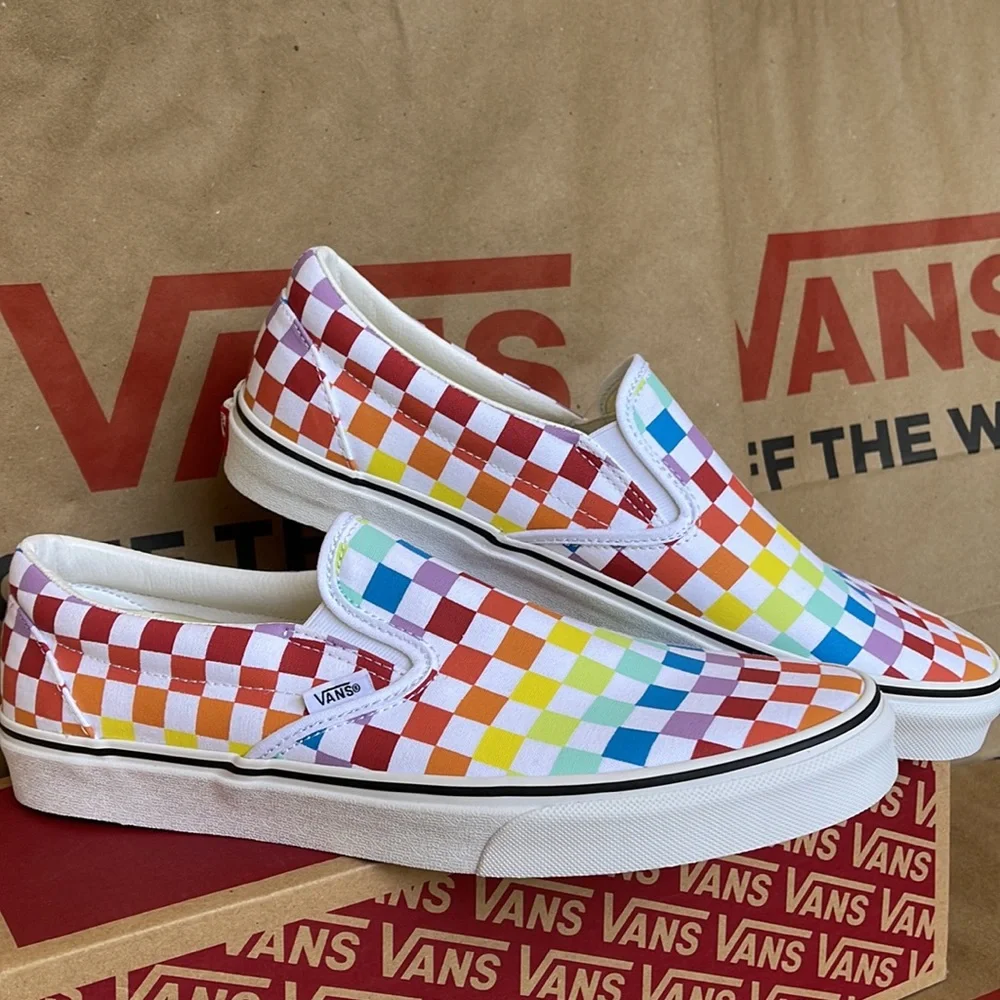 Vans Classic Slip On Checkerboard Rainbow/True White sneakers WMNS - Picture 7 of 16
